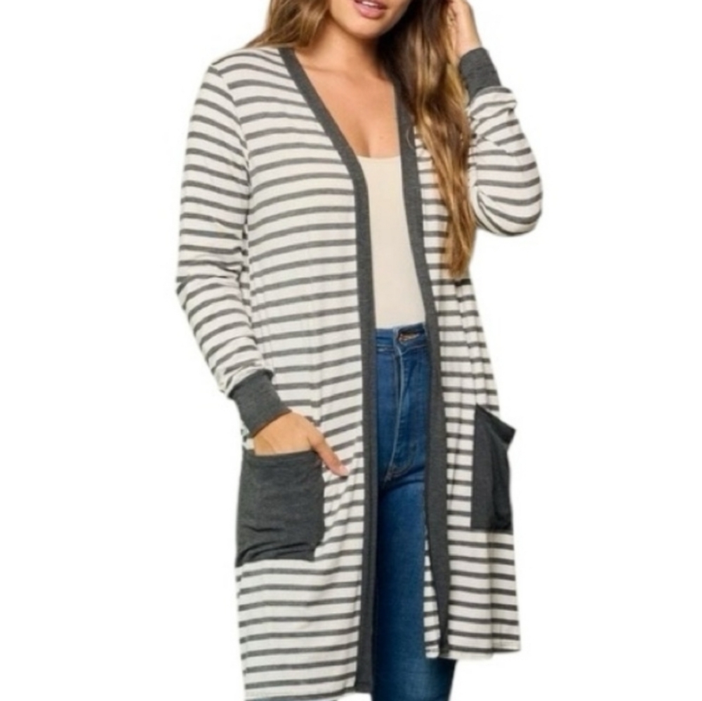 LES AMIS LONG CARDIGAN SZ L BLACK WHITE